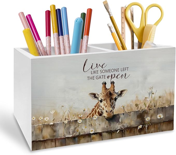 Rustic Giraffe Pen Holder for Desk, Giraffe Lover Gifts Pencil Organizer, Live Like Someone Left the Gate Wooden Box Sign Desk Decor for Farmhouse Home Office Decoration