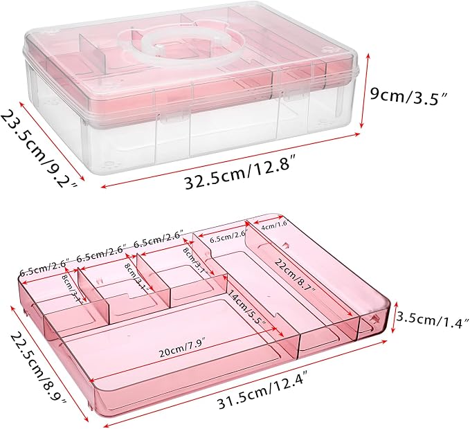 BTSKY 2-Tier Cute Bear Storage Box with Removable Divided Tray Portable Clear Plastic Art Craft Supply Organizer Stackable Home Office Supplies Storage Container for Pens Notes A4 papers etc (Pink)