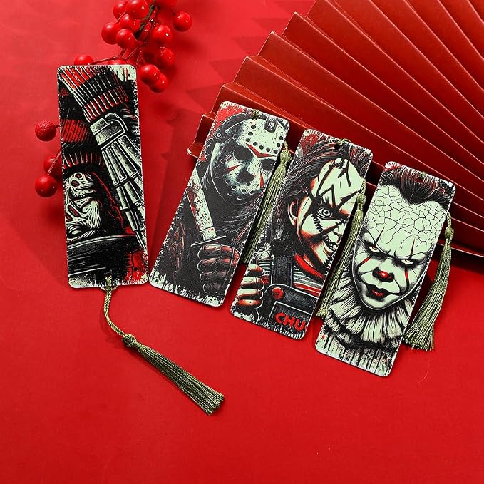 Horror Novelty Bookmark Set - 6 Creepy Tool Shapes with Blood Stain Design, Gothic Book Accessories for Halloween Gifts, Macabre Metal Page Holders with Red Tassels (4pcs Killer A)
