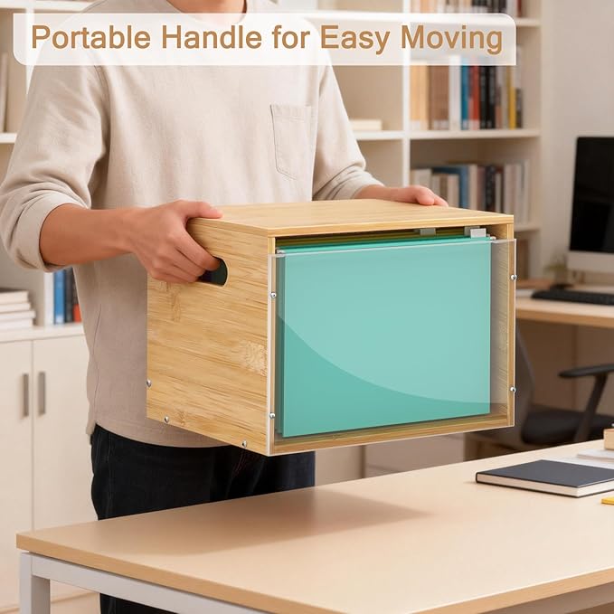Sbanmao Acrylic File Organizer with Lid, Bamboo File Box with Handle, Hanging File Folder Organizer, Portable Filing Organizer File Crate Storage Box for Home Office Classroom, Letter Size