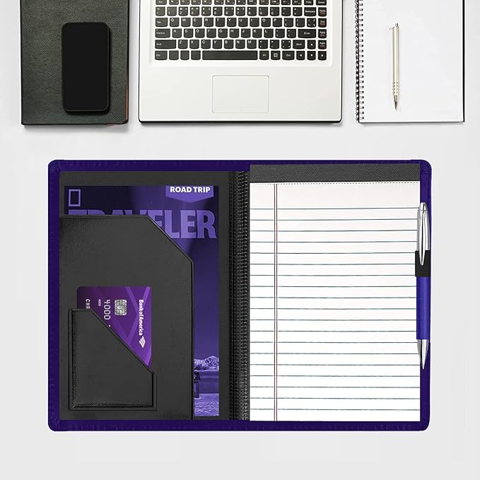 Junior Padfolio Folder - A5 Portfolio Binder Case with 5 x 8 Writing Pad and Interior Storage Pocket Executive Business Organizer for Men Women, Dark Purple.