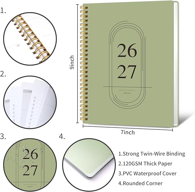 2026-2027 Monthly Planner - 2 Year Monthly Planner 2026-2027, Jan 2026 - Dec 2027, 7" x 9", 2 Year Calendar with 24 Month, Twin-wire Binding, Note Pages, Green