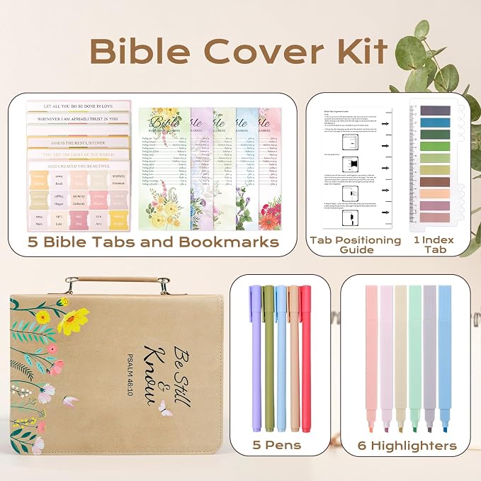 XKDOUS Bible Cover Case for Women 24 Pcs Bible Bags Kit w/Bible Accessories Study Supplies Carrying Book Case with Strap Large Church Book Holder Christian Gifts for Mom Lady Friends