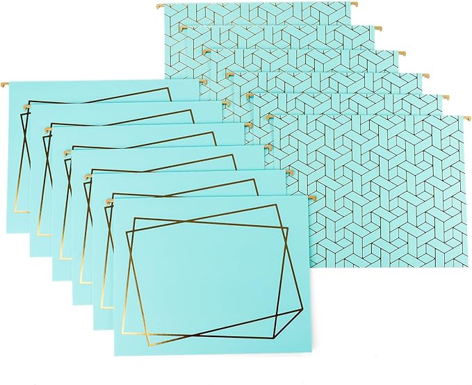 BLU MONACO | Decorative Hanging File Folders Letter Size 12 Pack | Aqua Plastic Hanging File Folders with Gold Foil | Hanging Legal File Folders with Tabs and Dividers