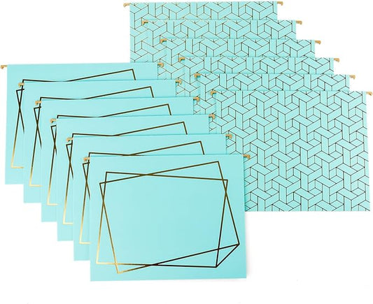 BLU MONACO | Decorative Hanging File Folders Letter Size 12 Pack | Aqua Plastic Hanging File Folders with Gold Foil | Hanging Legal File Folders with Tabs and Dividers