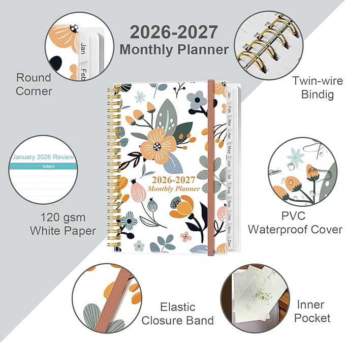 2026-2027 Monthly Planner - January 2026 - June 2027, Two Pages Per Month, 18 Monthly Calendar/Planner with Tabs, Inner Pocket, 6.4" x 8.5", Rose Flowers