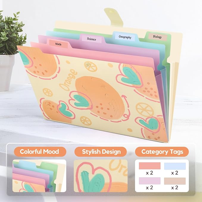 Cute Expanding File Folder Fruit Series - 5 Pockets Accordion Document Organizer, Waterproof Poly Plastic, A4/Letter Size for School Office Home (Juicy Orange)