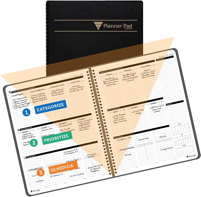 Planner Pad Spiral Bound July 2026 – June 2027 / Academic Year 8 1/2" x 11" 3-Tier Funnel Down 12 Month Large Size Organizer, Black Cover/Black Ink