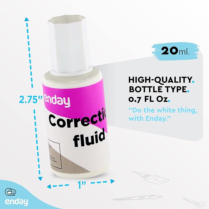 Enday Liquid Correction Fluid, .7 fl. Oz. / 20 ml Foam Wand Applicator Quick Dry Liquid Paper, Multi-Purpose Smooth Corrector for Office, and Home, 4 Pack