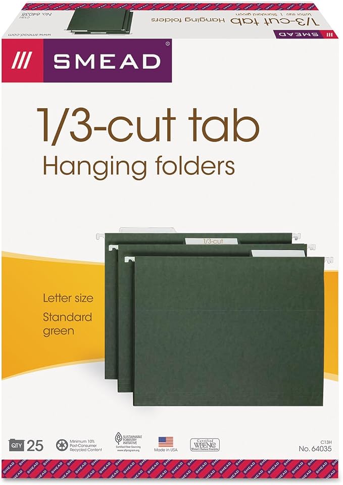 Smead Hanging File Folder with Tab, 1/3-Cut Adjustable Tab, Letter Size, Value Filing, Standard Green, 25 per Box