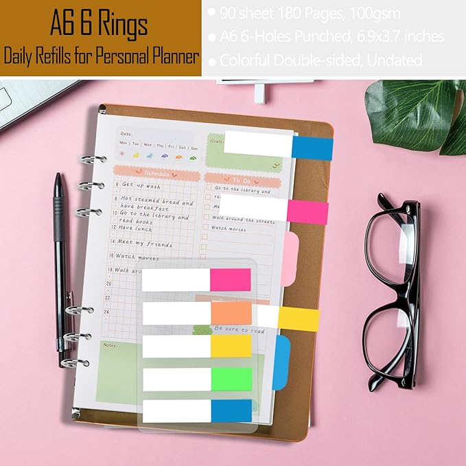 Rancco A6 Planner Inserts Daily Planner Refills, 90 Pages Colorful 6-Ring Loose-leaf Binder Inserts w/Divider, PVC Pouch, Ruler, Index Tab for Journal, Filofax, Double-sided, Undated,6.9x3.7"
