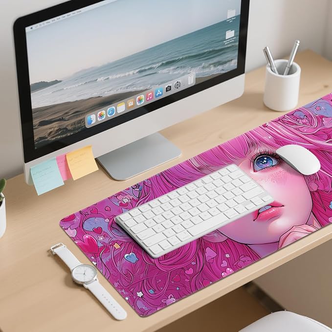 Anime Girl Gaming Mouse Pad 35.4 x 15.7 Inches Kawaii Pink Hair Heart Eyes Love Desk Mat Mouse Mat XXL Laptop Keyboard Pad, Laptop Keyboard Mousepad Aesthetic Accessories for Women