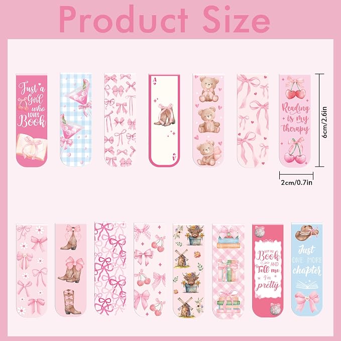 Pink Bow Magnetic Bookmarks Gifts: 30 Pcs Cute Girly Magnet Bookmark Clips with Bear Cherry Reading Quotes, Pretty Book Marks for Women Girls, Gift for Readers Book Lovers School Office Supplies