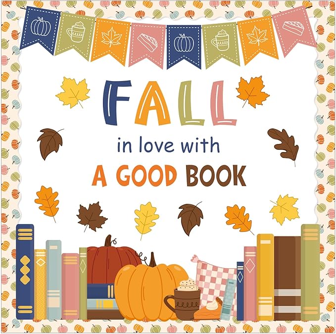 JarThenaAMCS Fall Thanksgiving Reading Bulletin Board Set Boho Autumn Library Book Classroom Decorations Pumpkin Maple Leaves Cutouts for School Chalkboard Wall Door Decor