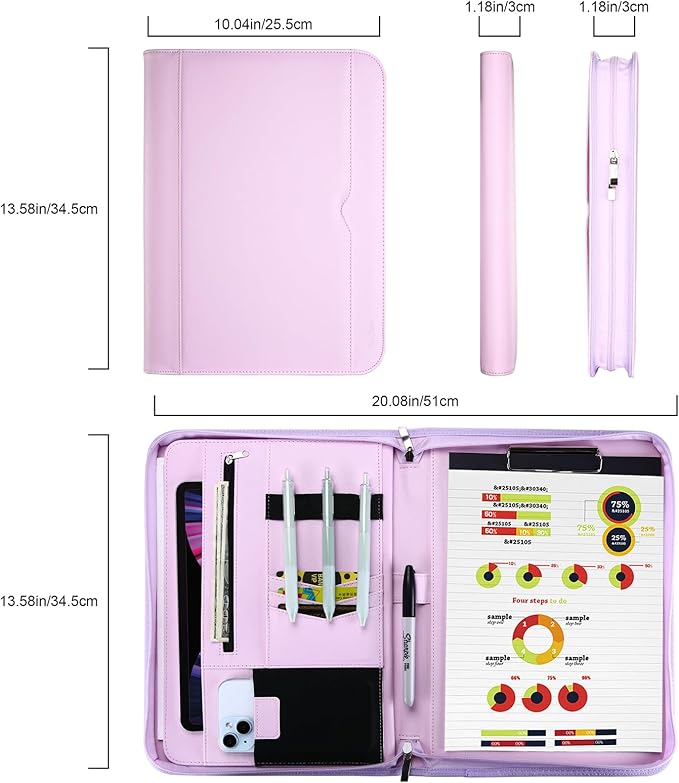 ProCase Portfolio Business Padfolio Folder with Zipper, Conference Meeting Executive File Legal Document Organizer with Pockets Letter Size A4 Writing Pad Notepad Padfolio -Purple