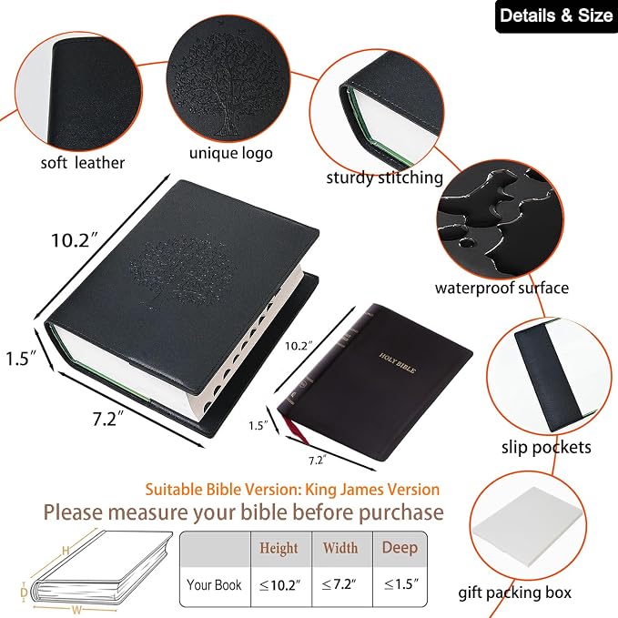 Bible Cover Case for Women and Men, Leather Bible Bag Suitable for 7.2"x10.2"x1.5" Standard Size Bible Protective Classic(Black,Large,7.2"x10.2"x1.5")