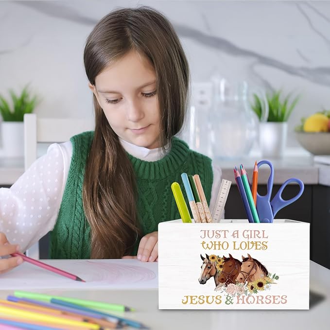 Floral Horse Christian Pen Holder for Desk, Horse Lover Gifts Pencil Organizer, Just a Girl Who Loves Jesus and Horses Wooden Box Sign Desk Decor for Girls Room Home Decoration