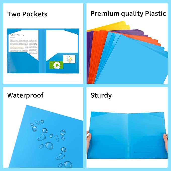 EOOUT 32pcs Plastic Folders with Pockets, Heavy Duty Folders with 4 Pockets for Office and School, Letter Size, 8 Assorted Colors