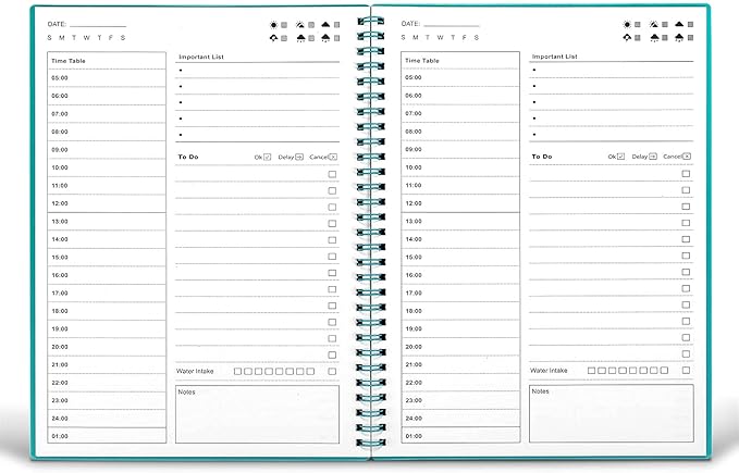 Daily Planner Undated, To Do List Notebook with Hourly Schedule, Time Management Manual and Planner, Personal Organizers, 7.6"x10.2", 48 Sheets/96 Pages, Green