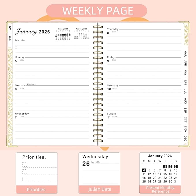 2026 Planner, Jan.2026 - Dec.2026 Weekly Monthly Planner 6.25"x8.5" with Page Tabs, Calendar Hardcover with Inner Pocket, Elastic Band, Twin-Wire Binding, Bookmark, Pink Love Heart