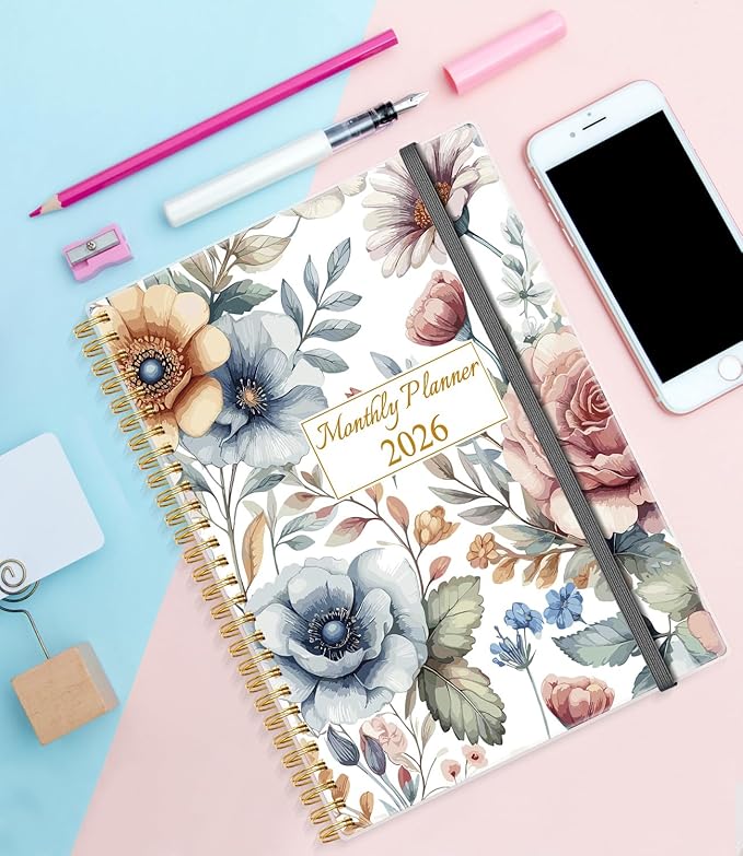 Monthly Planner 2026 - Monthly Calendar from January 2026 to December 2026, 2026 Planner with Inner Pocket, Elastic Band, 8.5" x 11", Color Large Flower