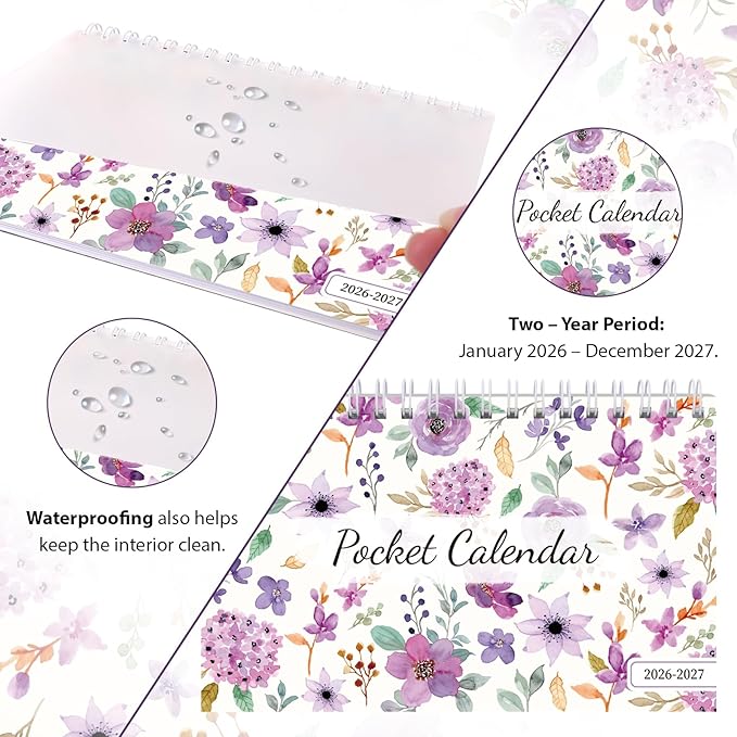 Phyxin Pocket Calendar 2026-2027, Pocket Calendar 2026 - Runs from January 2026 Until December 2027, 2026-2027 Monthly Planner-4.2" x 6.5", Pocket Planner with Coil for School Office Supplies, Purple