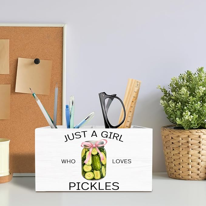 Coquette Pink Bow Pickle Pen Holder for Desk, Pickle Lovers Themed Gifts Pencil Organizer, Just a Girl Who Loves Pickles Wooden Box Sign Desk Decor for Home Office Decoration