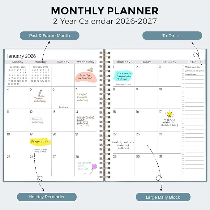 SKYDUE Monthly Planner 2026-2027, 24 Months Calendar Planner 2026-2027, 7.5" x 10" B5 Planner, Twin-wire Spiral Bound, Durable Waterproof Cover, Thick No-Bleed Paper, Blue