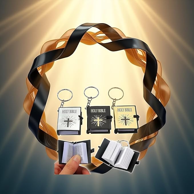 Jowxsx 3 Pcs Bible Keychain,Miniature Real Bible Key Chains Keyrings Handbag Pendant Xmas Gift Religious Favors Black Silver Gold Bible Covers, Book and Bible Covers