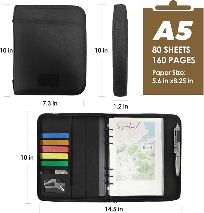 Tactical Notebook Cover, A5 Padfolio 6 Ring Binder with Big Back Pocket & Hand Strap, Zippered Hardcase Planner for Journal, College, Office, Field (Black, A5(7.3 x 10 inches))