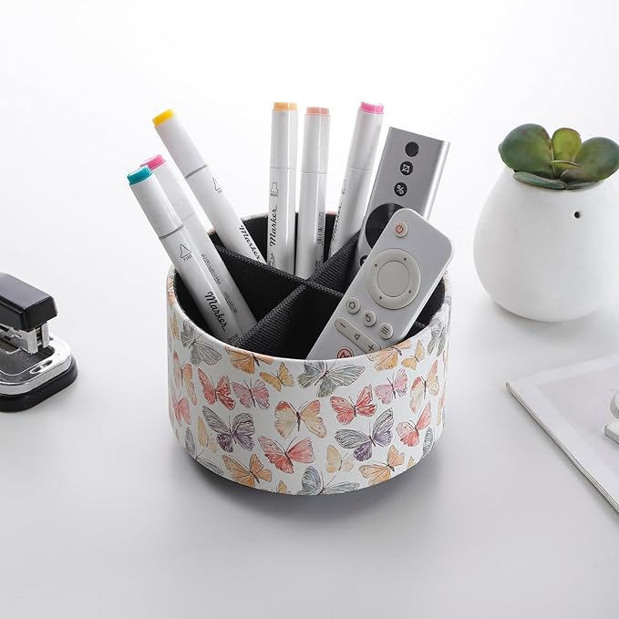 360 Degree Rotating Remote Control Holder for Table, PU Leather Spinning End Table Organizer Caddy, Cute Remote Control Caddy for Office Supplies, Makeup Brushes, Butterfly PH130