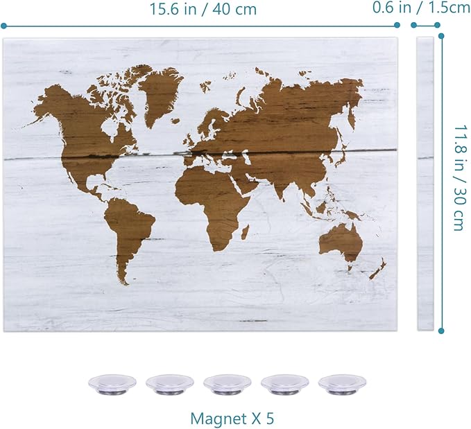 Dry Erase Board，Decorative Print Magnetic Surface White Board for Wall with Design, 16 x 12 inches Frameless Dry Erase Board for Wall, World Map, Magnets Included（W-MAP,4030,1p）