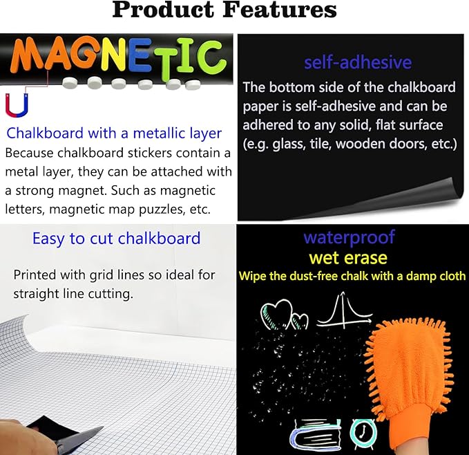 Magnetic Chalkboard Contact Paper for Wall 46.3"x18" Self Adhesive Magnetic Wall Board Sticker with 36 Magnet Letters for Office Home Black Chalk Board Wallpaper Roll