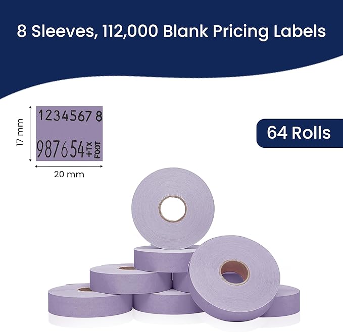 Perco Lavender Pricing Labels for Monarch 1136 Price Gun - Case of 8 Sleeves, 64 Rolls Value Pack - 112,000 Price Marking Labels - with Ink Rolls Included