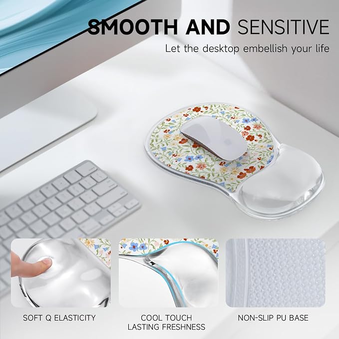 AUPET Ergonomic Mouse Pad with Gel Wrist Support – Non-Slip Mouse Mat with Comfortable Memory Gel Cushion – Relieves Wrist Pain – Designer Pattern for Home Office & Gaming (Colorful Ditsy)