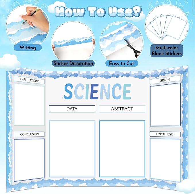 WATINC Science Fair Board Supplies, 96Pcs Back to School Self Adhesive Science Fair Project Set with 8 Letter Sticker 10 Presentation Subtitles, Bulletin Border Poster Decor for Classroom (Blue)