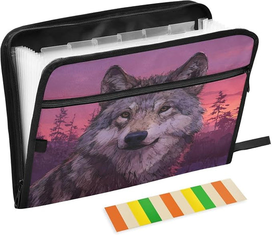 Wolf Purple Accordion File Organizer Expanding Document Folder with 13 Pockets Portable File Folder for A4 Letter Size