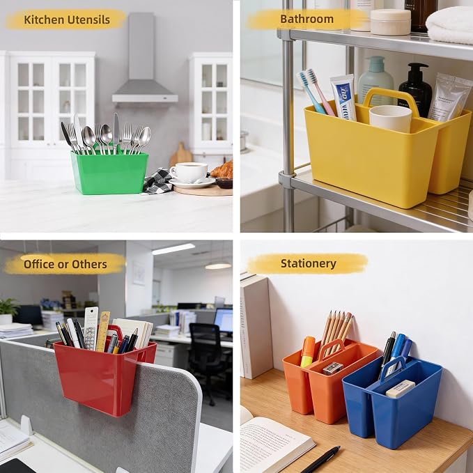 BPA Free 2 Compartment Stackable Desk Organizer, Classroom Caddy, Plastic Office Supply Bin with Handle for Home Office, Kitchen & Small Desk Items, 6 Pack