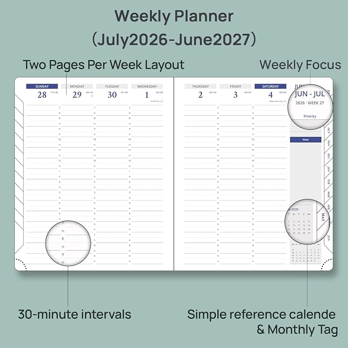 POPRUN Weekly Planner 2026-2027(Medium 7" x 8.5"), 30-Minute Hourly Appointment Book (July 2026-June 2027) with Monthly Tabs, Inner-pocket, Pen Holder, PU Leather Softcover - Black
