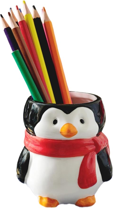 Adorable Cartoons Shaped Ceramic Pencil Holders - Multifunctional Desktop Organizers (Penguin)