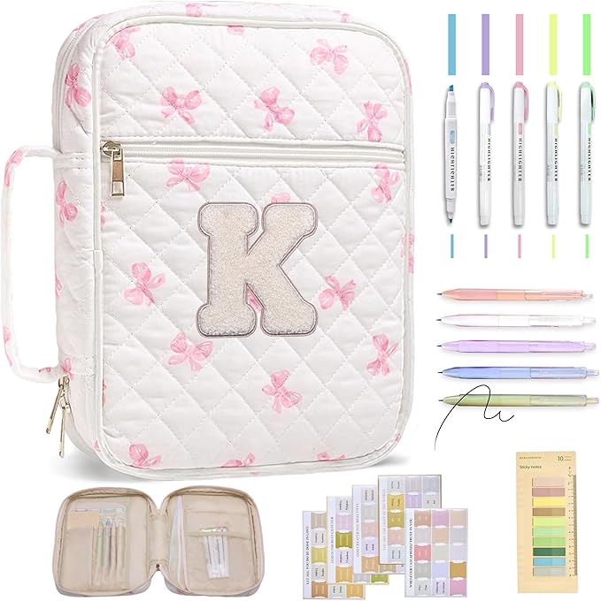 Personalized Initial Bible Cover Case for Women – Large Quilted Bible Bag with Handle, Chenille Letter, Bible Study Kit, Christian Gift for Mom, Grandma & Daughter (Pink Bow-K)