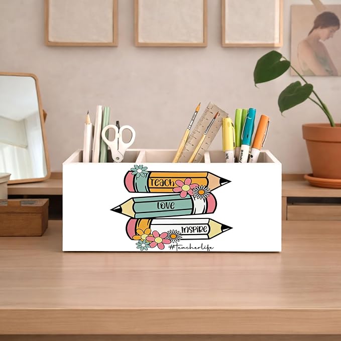 Teacher Life Wooden Desk Organizer, Cute Pencils Design Pen Pencil Holder with 3 Compartments, Decorative Office Supply Storage Box for Desk, Home, Classroom, Gift for Teachers
