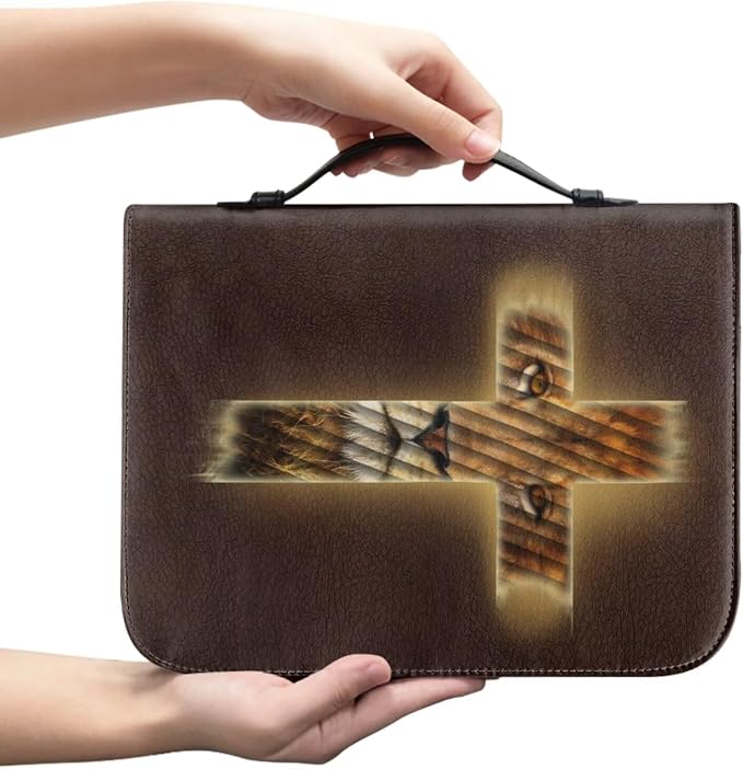 Vintage Religious Cross and Lion Bible Case with Bookmark Waterproof Bible Cover Case for Women Lightweight Bible Bag with Handle Pockets Church Book Bag Brown