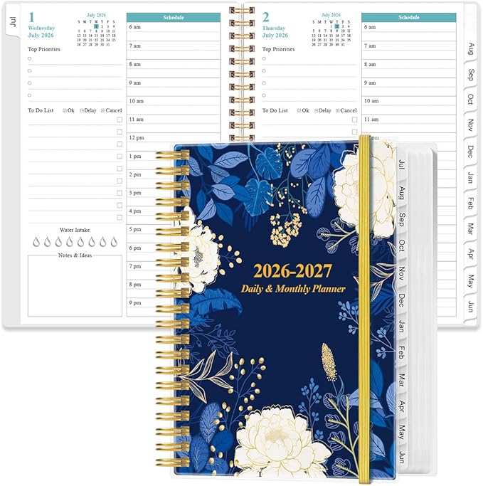 2026-2027 Daily & Monthly Planner - One Page Per Day, Daily Planner 26-27 from July 2026 to June 2027, Planner 2026-2027 with 12 Monthly Tabs, 6.4" x 8.5", Blue Leaf