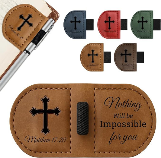 Bygone Mark Personalized Magnetic Leather Bookmark with Pen Holder - Inspirational Bible Verse Scripture Design, Custom Book Marker for Book Lovers Men Women (Brown-Matthew 17:20)