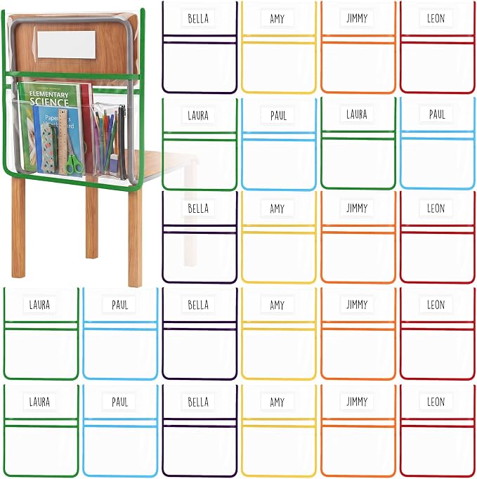 24 Pack Chair Pockets for Classrooms, 17 x 15 Inch Chairback Pocket with Name Tag Slot, Book Storage Bags for Library, Classroom, Office, Home