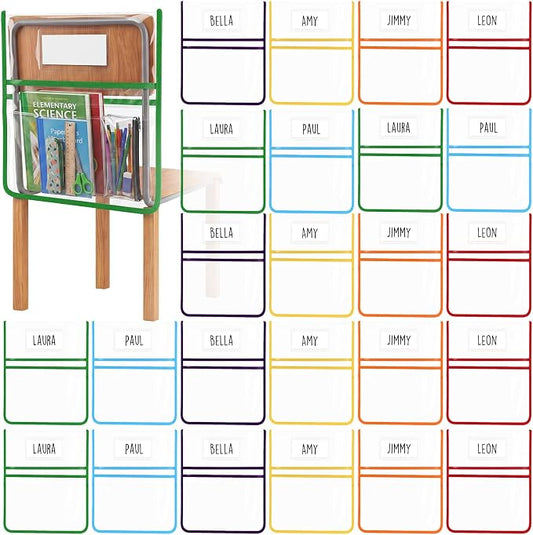 24 Pack Chair Pockets for Classrooms, 17 x 15 Inch Chairback Pocket with Name Tag Slot, Book Storage Bags for Library, Classroom, Office, Home