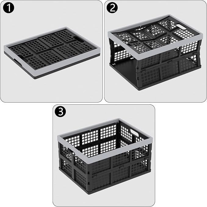 Collapsible Milk Crate, Black, 3PK 30L Stackable Containers Folding Crates, Heavy Duty Plastic Collapsible Storage Bins for Multi Purposes