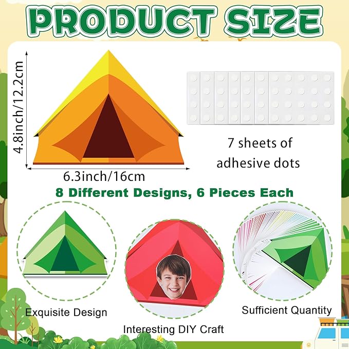 48 Set Camping Tent Cutouts with Photo Space for Bulletin Board Decor Camping DIY Photo Crafts Woodland Tents Paper Cut Outs for Teacher Student School Home Chalkboard Wall Classroom Decors