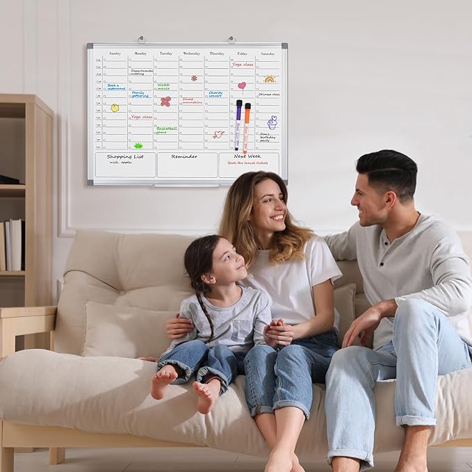 ONAVIA Weekly Calendar Dry Erase Board for Wall, Hanging 24"×18" Double-Sided Magnetic White Board, Hanging Whiteboard for Planning, Drawing, Memo, to Do List, School, Home, Kitchen, Office